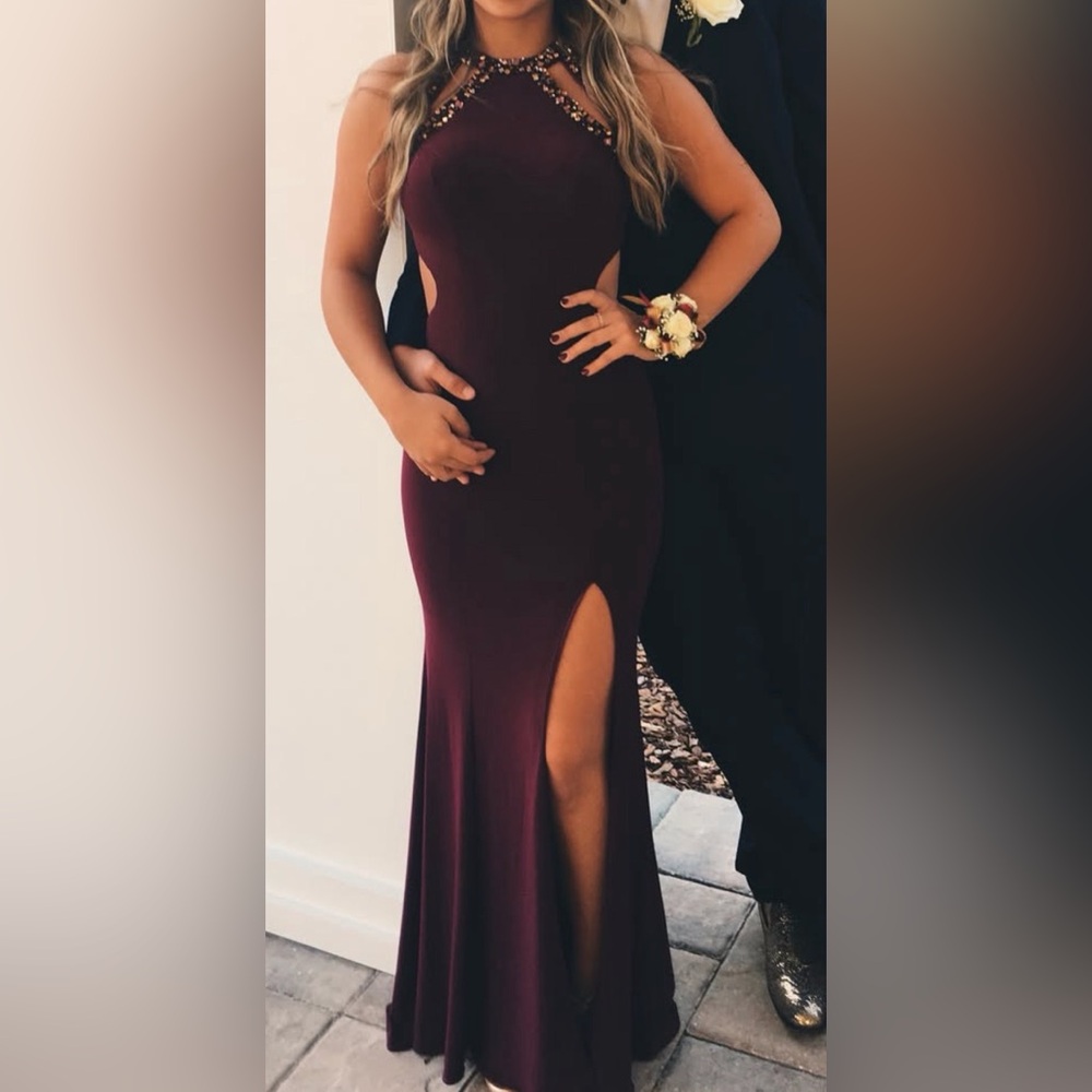 Betsy & Adam Burgundy Prom Dress